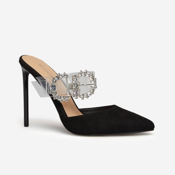 #NWT-SIZE 10 BLACK FAUX SUEDE POINTED TOE CLEAR STRAP STILETTO HEEL - Picture 6 of 8